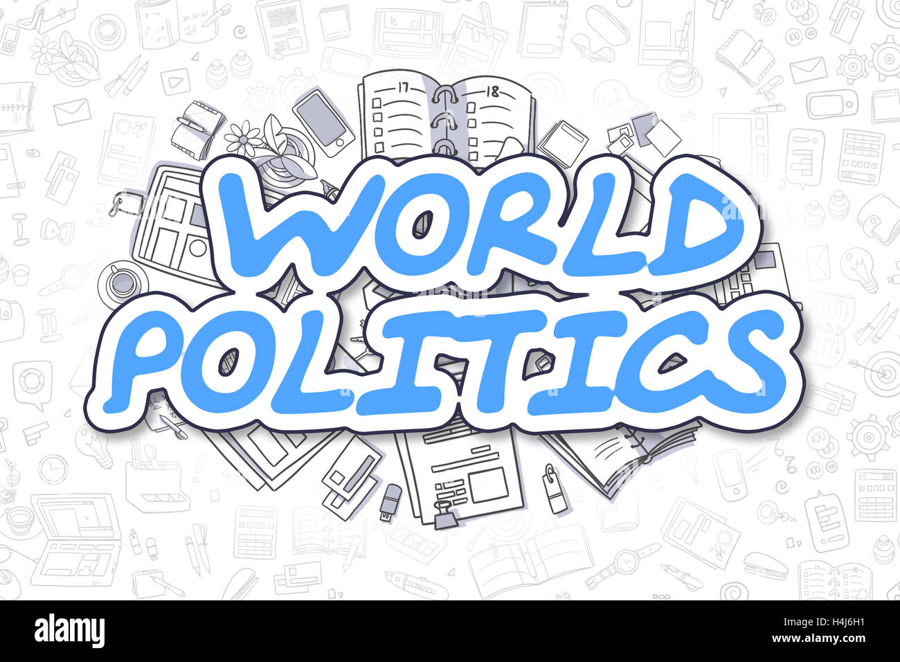 Weltpolitik - Doodle Blau Wort. Business-Konzept. Stockfoto