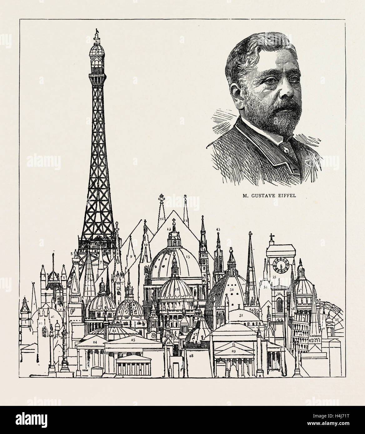 DER Eiffelturm in PARIS-Ausstellung im Vergleich zu einigen der höchsten Gebäude der Welt: 1. Porzellan-Turm Stockfoto