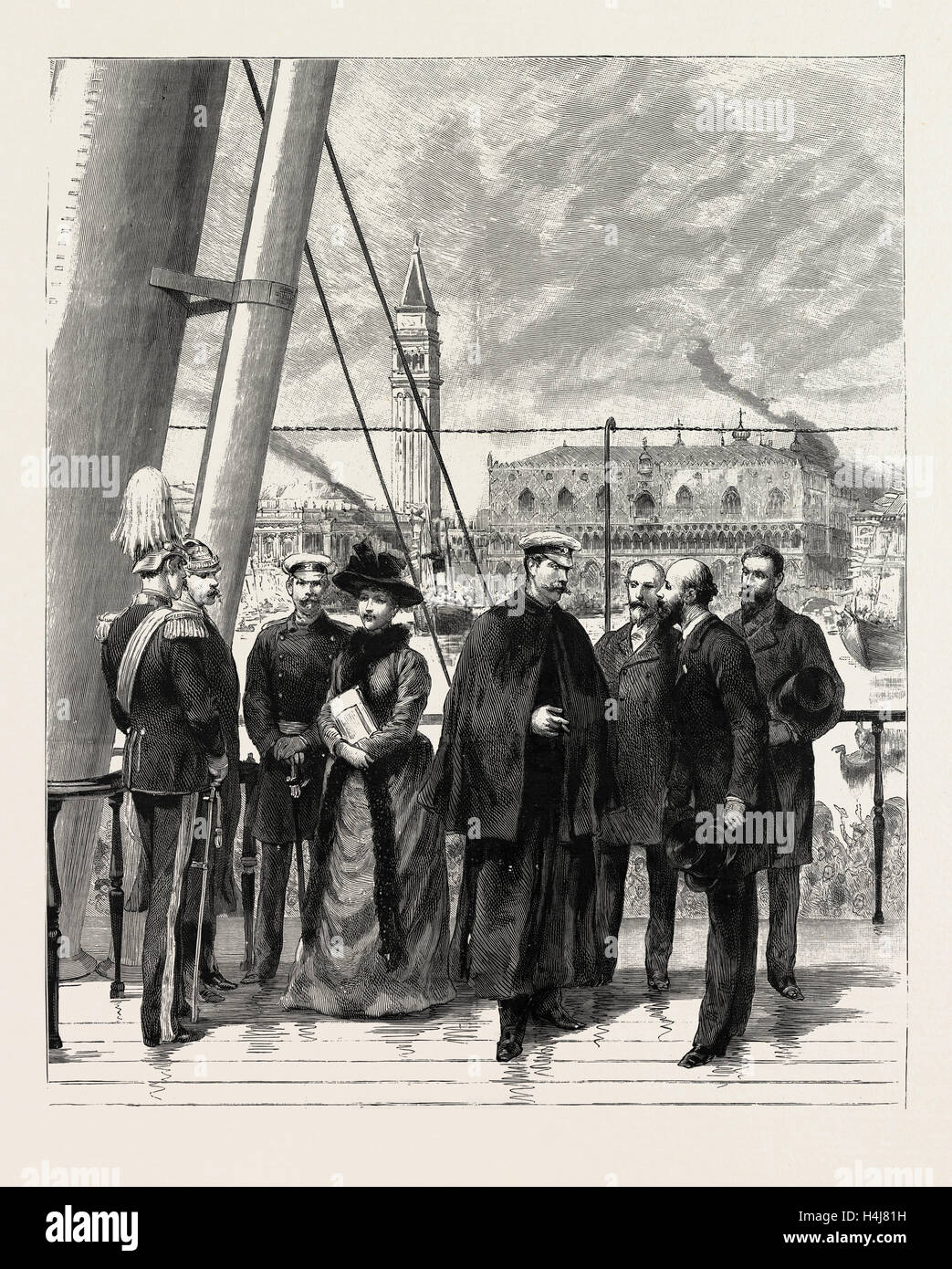 NEHMEN Abschied von der kaiserlichen Familie, ON-BOARD der HOHENZOLLERN, 1889 der deutsche Kaiser und die Kaiserin in Venedig, Italien. Stockfoto