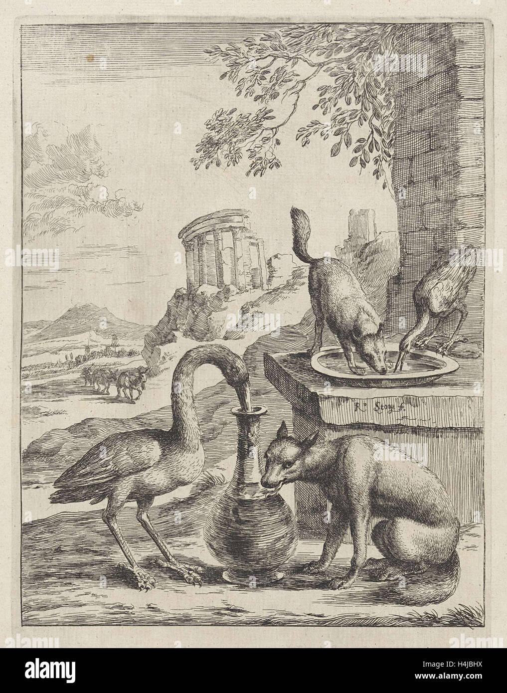 Fabel der Fuchs und der Kranich, bücken, Dirk, John Ogilby, 1665