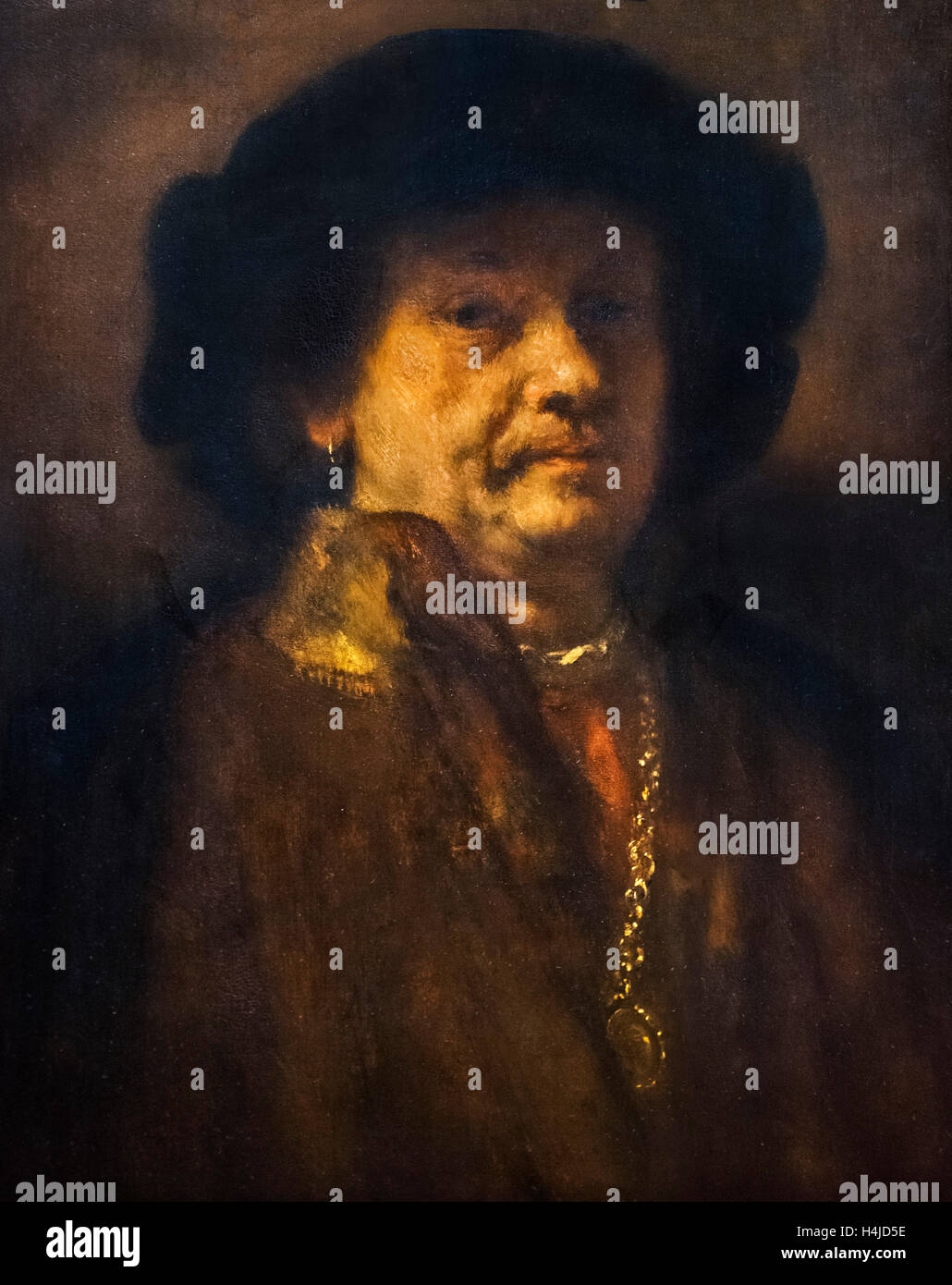 Rembrandt, Selbstbildnis im Pelzmantel mit Goldkette und Ohrring c.1656/7 Stockfoto