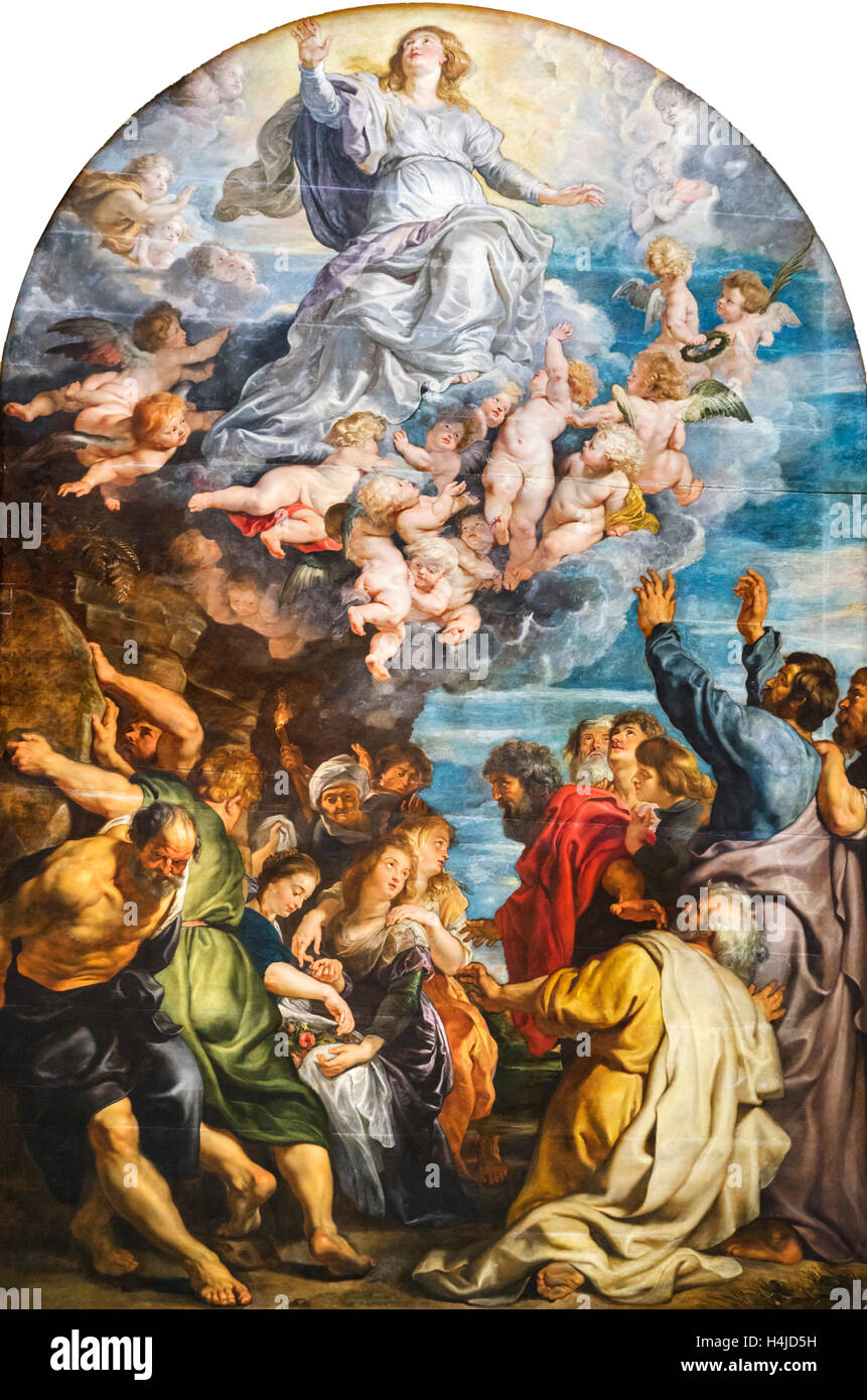 Die Himmelfahrt der Jungfrau Maria von Rubens (1577-1640), c.1611-1621. Dies ist eine frühe Version des Werkes, der als ein Altarbild in der Kathedrale von Antwerpen hängt. Von 1621 bis 1776 hing dieses Gemälde, bestimmt für die Kathedrale in der Marienkapelle der Jesuitenkirche in Antwerpen. Stockfoto