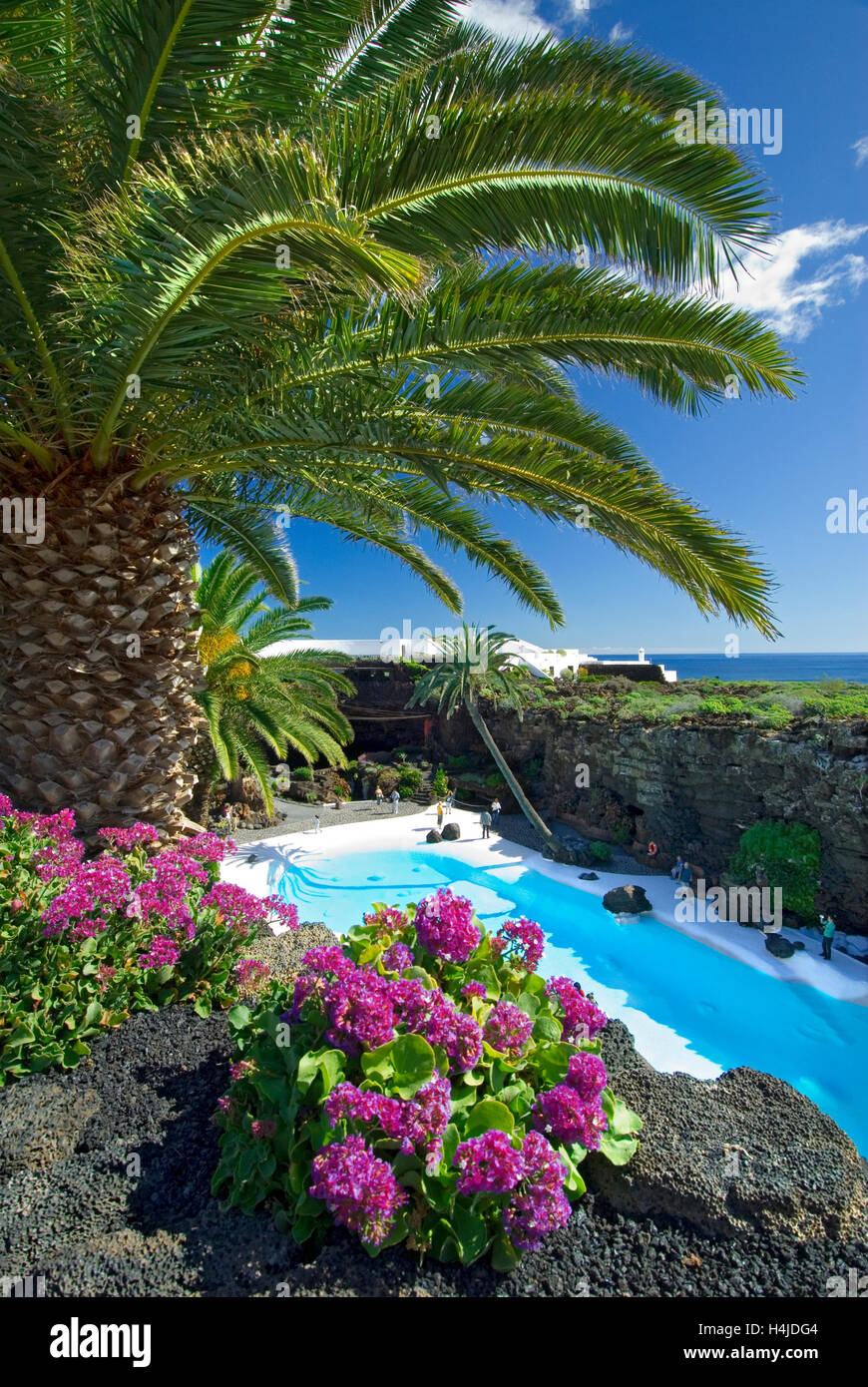 Jameos del Agua auf Lanzarote mit Pool, Palmen und tropischen Pflanzen mit typischen vulkanischen Felsen Lanzarote Kanarische Inseln Spanien Stockfoto