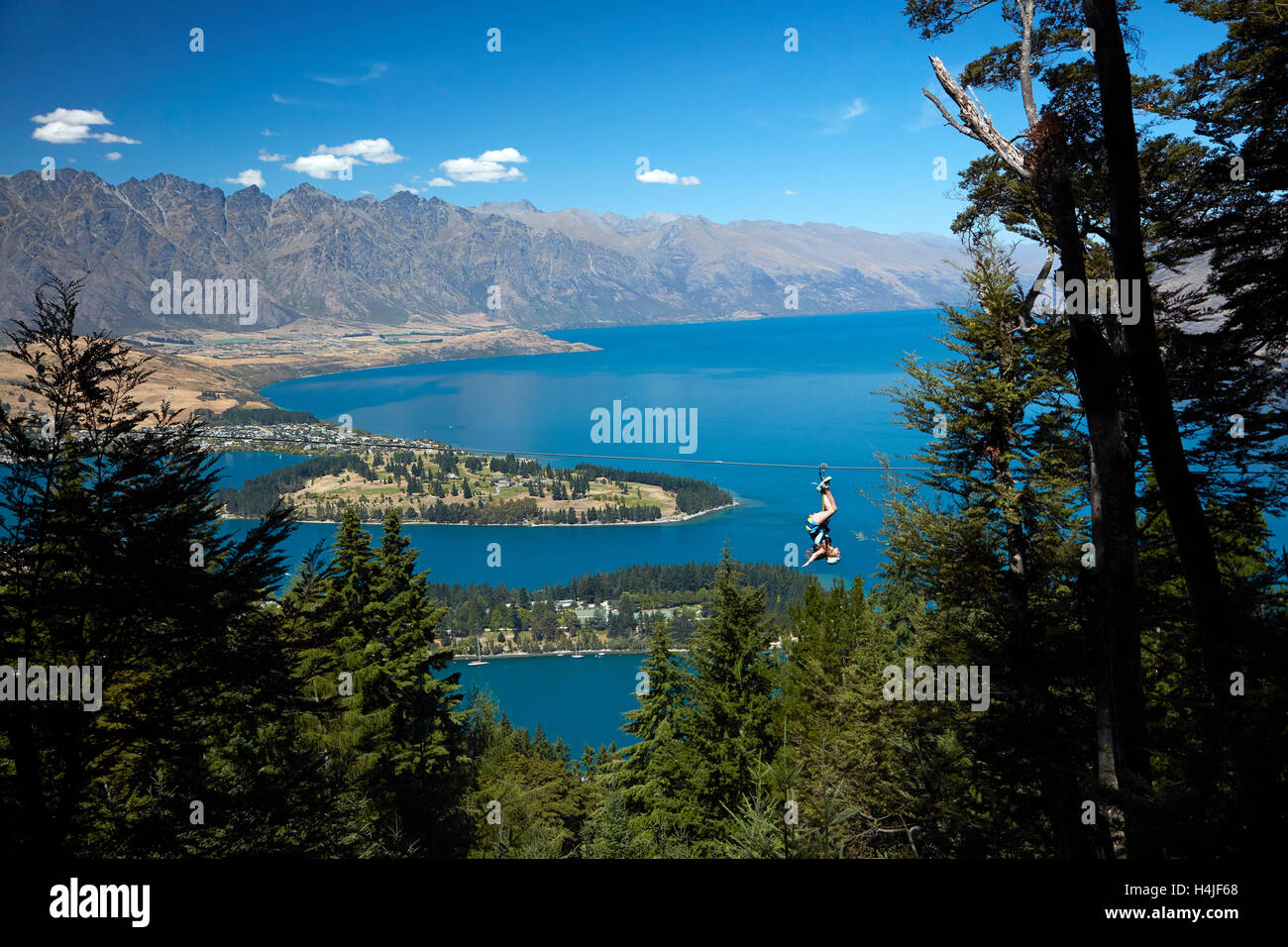 Ziplining Skyline über Lake Wakatipu und Queenstown, Otago, South Island, Neuseeland Stockfoto