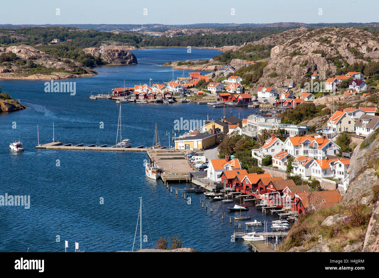 Häuser, Gast Hafen Fjällbacka, Bohuslän, Westschweden, Schweden Stockfoto