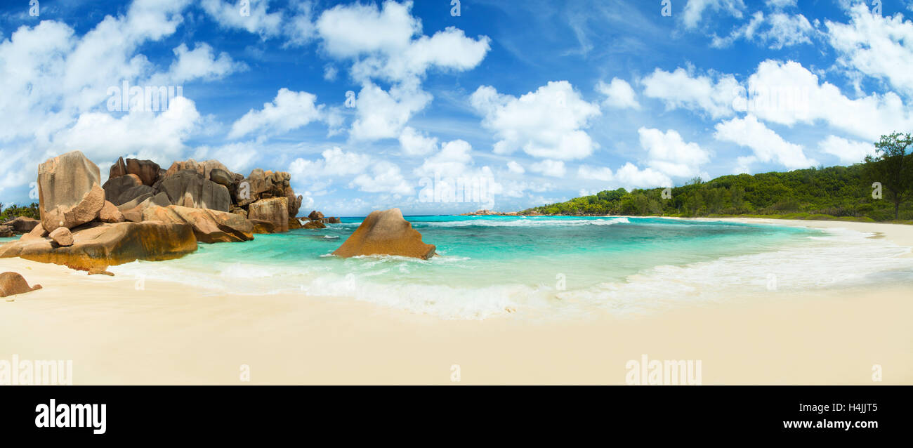 Schönen Seychellen tropischen Strand Anse Coco auf La Digue island Stockfoto