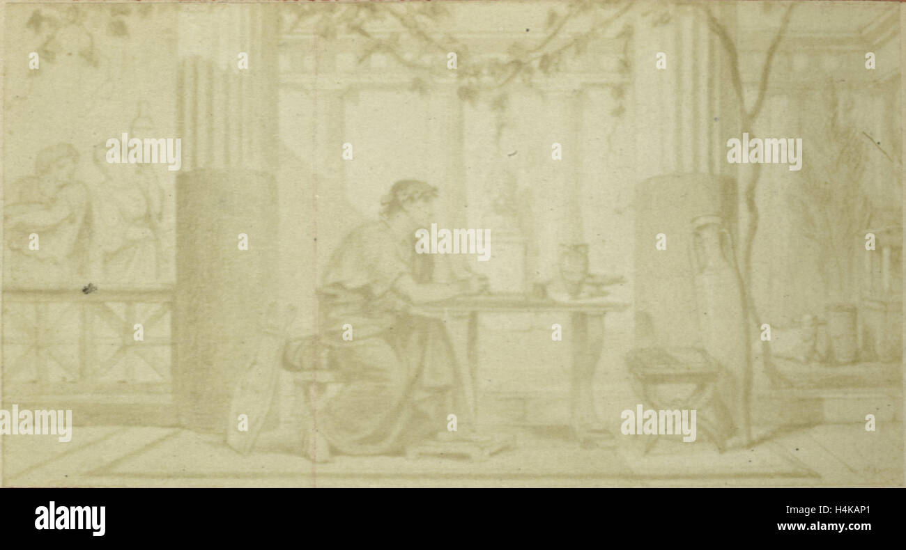 Illustrieren Quinti Horatier Flacci Carminum, sitzt am Tisch im Atrium mit Seilwinde und Amphoren, Anonymous, 1855 Stockfoto