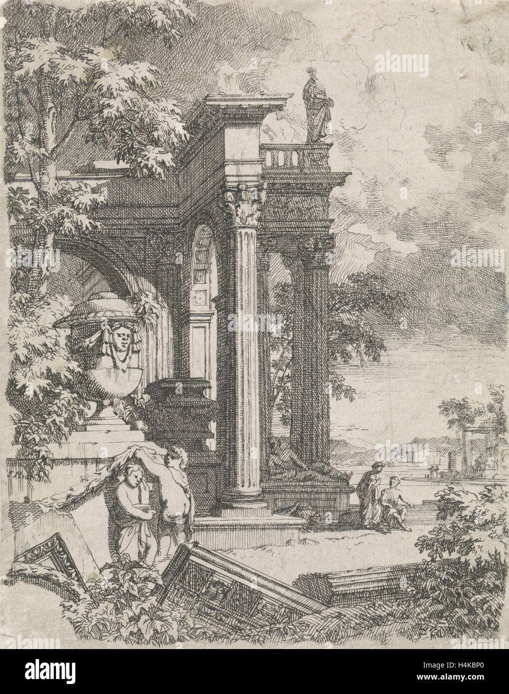 Landschaft mit klassischen Tempel, möglicherweise Pieter van Den Berge, 1669-1744 Stockfoto