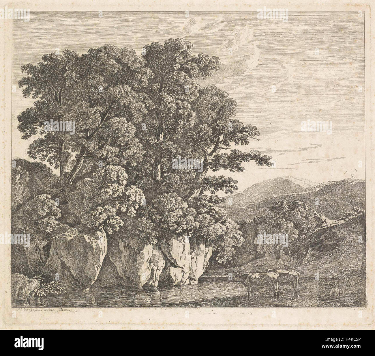Landschaft mit Hirten sitzen mit zwei Kühen, Hendrik Voogd, 1788-1839 Stockfoto