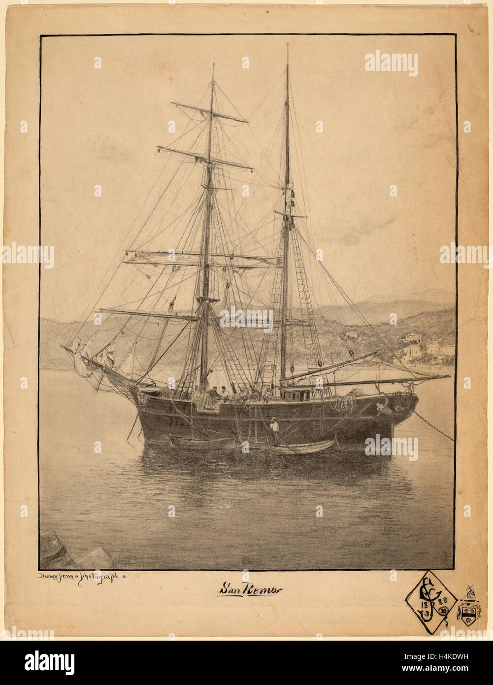 John William Casilear, San Remo, amerikanisch, 1811-1893, 1888, Graphit und Feder und schwarzer Tinte Stockfoto