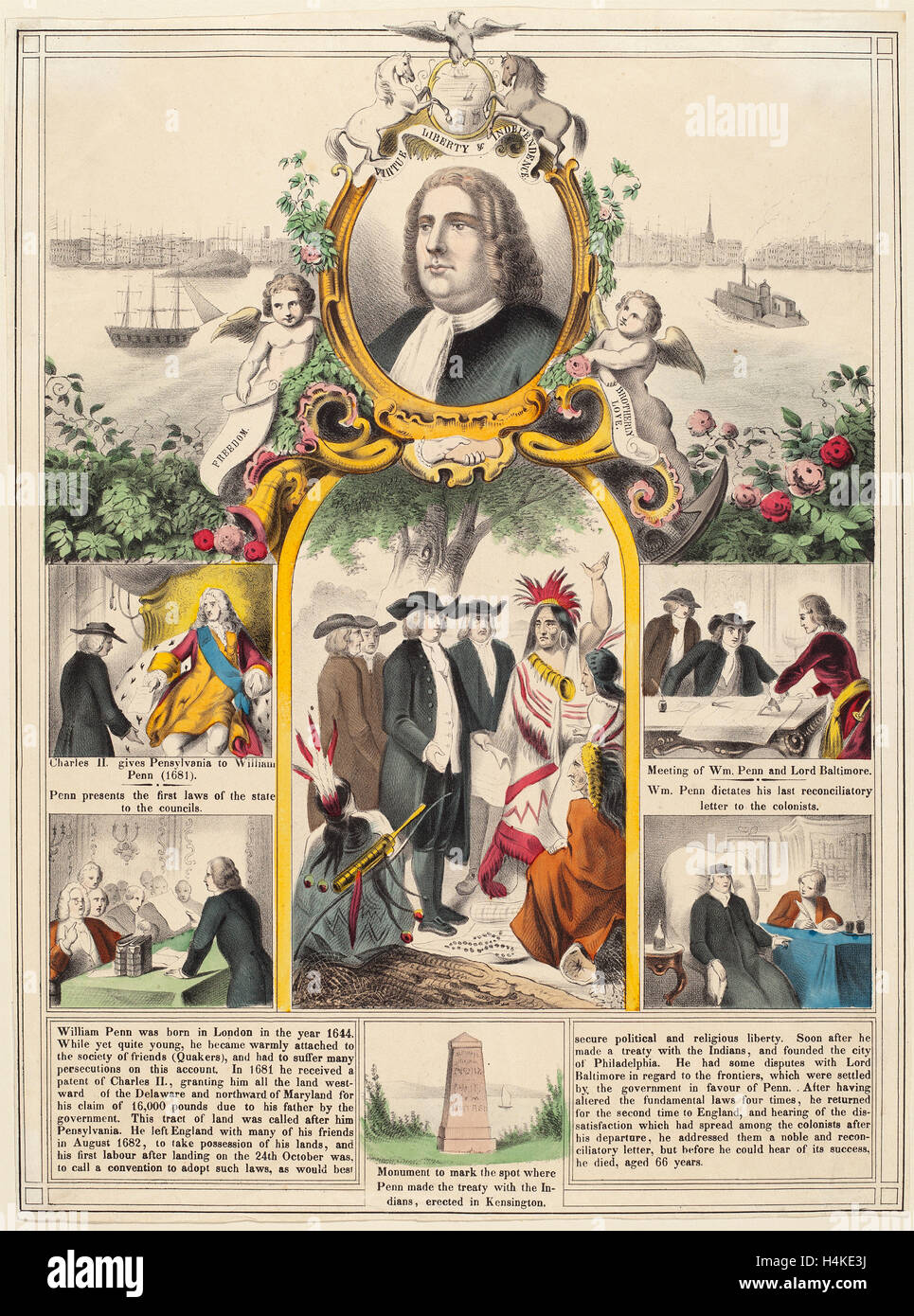 Amerikanischen 19. Jahrhundert, William Penn Geschichte, handkolorierten Lithographie Stockfoto