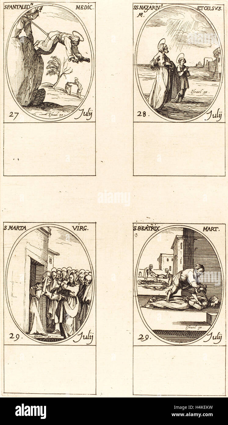 Jacques Callot, Französisch (1592-1635), St. Pantaleon; St. Nazarius und Celsus; St. Martha; St. Beatrice, Radierung Stockfoto