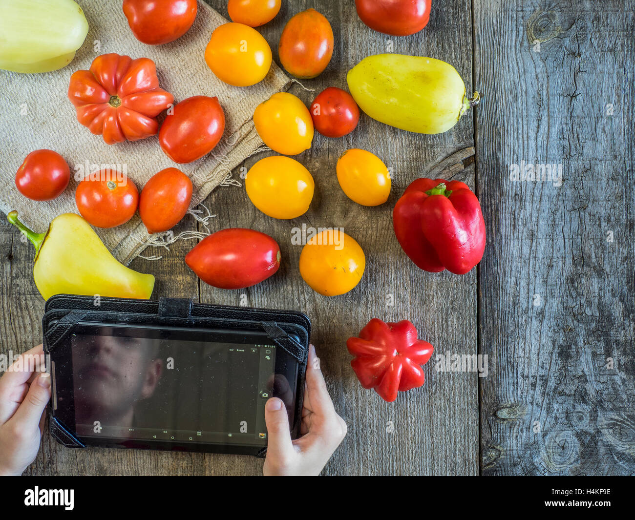 Junge in Tablet reflektiert, wenn He schießen saftige Tomaten, Glocke und Chilischote auf dem Holztisch-Ansicht Top Stockfoto