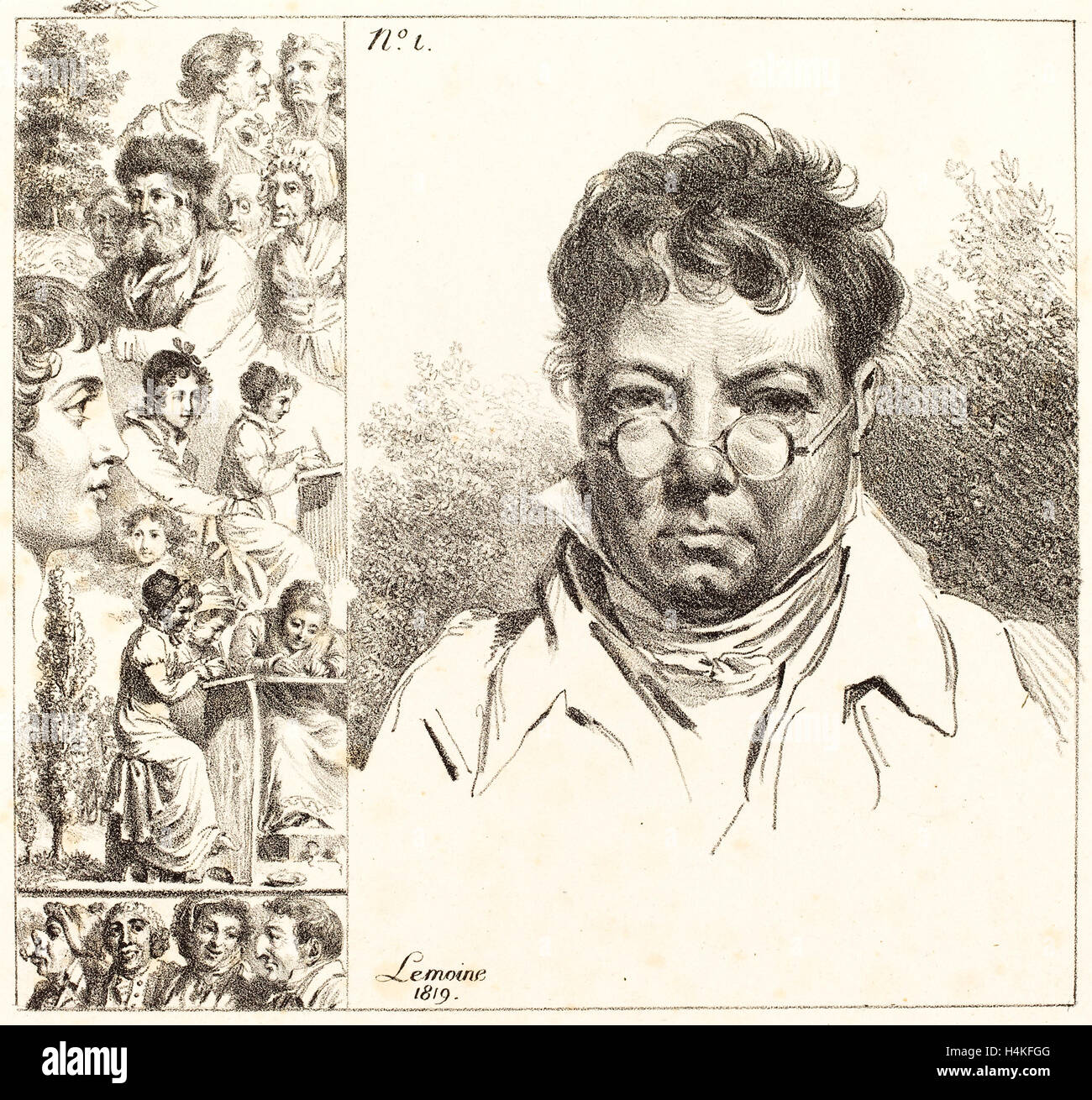 Jacques Antoine Marie Lemoine, Französisch (1751-1824), Selbstporträt und andere Köpfe, Lithographie 1819, Stockfoto