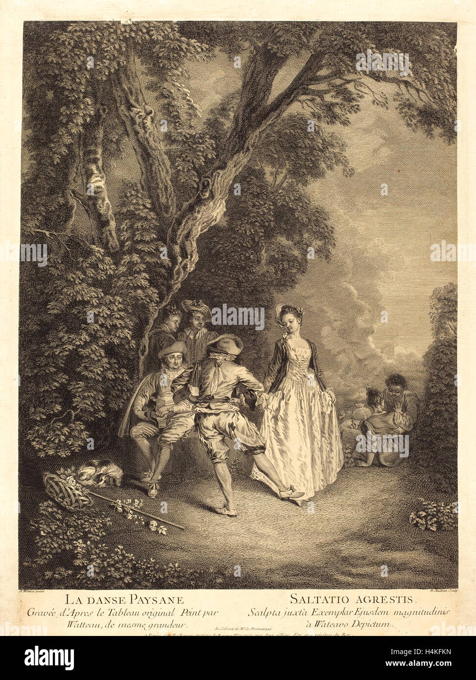 Benoît Audran II nach der Bauerntanz, Kupferstich und Radierung, Antoine Watteau, Französisch (1698-1772) Stockfoto