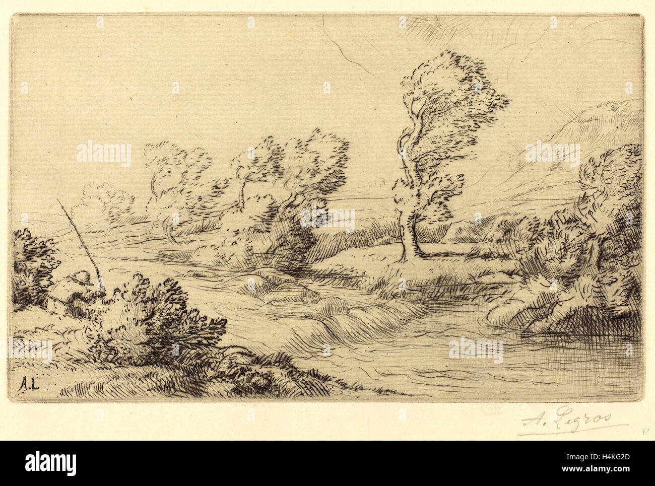 Alphonse Legros, Ufer der Marne (Bord De La Marne), Französisch, 1837-1911, Kaltnadelradierung und Ätzen? auf grünem Papier Stockfoto