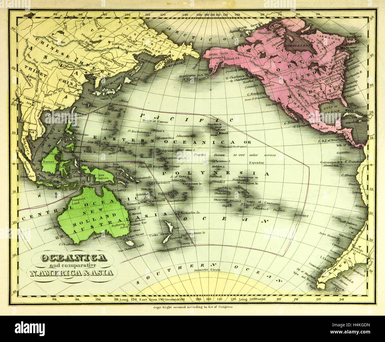 Karte von Ozeanien, auch bekannt als Oceanica, ist eine Region in den Mittelpunkt der Inseln des tropischen Pazifiks, 19. Jahrhundert Gravur Stockfoto