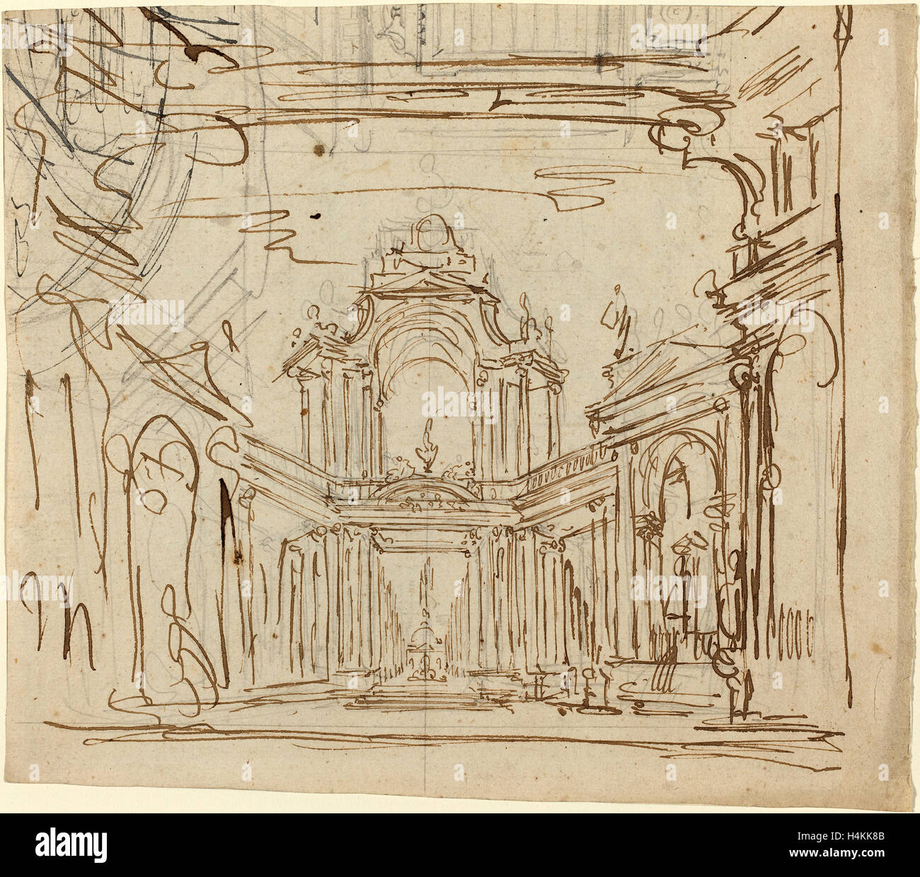 Italienische 18. Jahrhundert, Bühnenbild, Feder und braune Tinte über Graphit auf Bütten Stockfoto