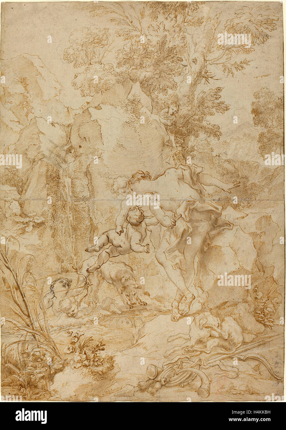 Gregorio de Ferrari (Italienisch, 1644-1726), Echo und Narziss, Stift und Bister und braun waschen über schwarzer Kreide Stockfoto