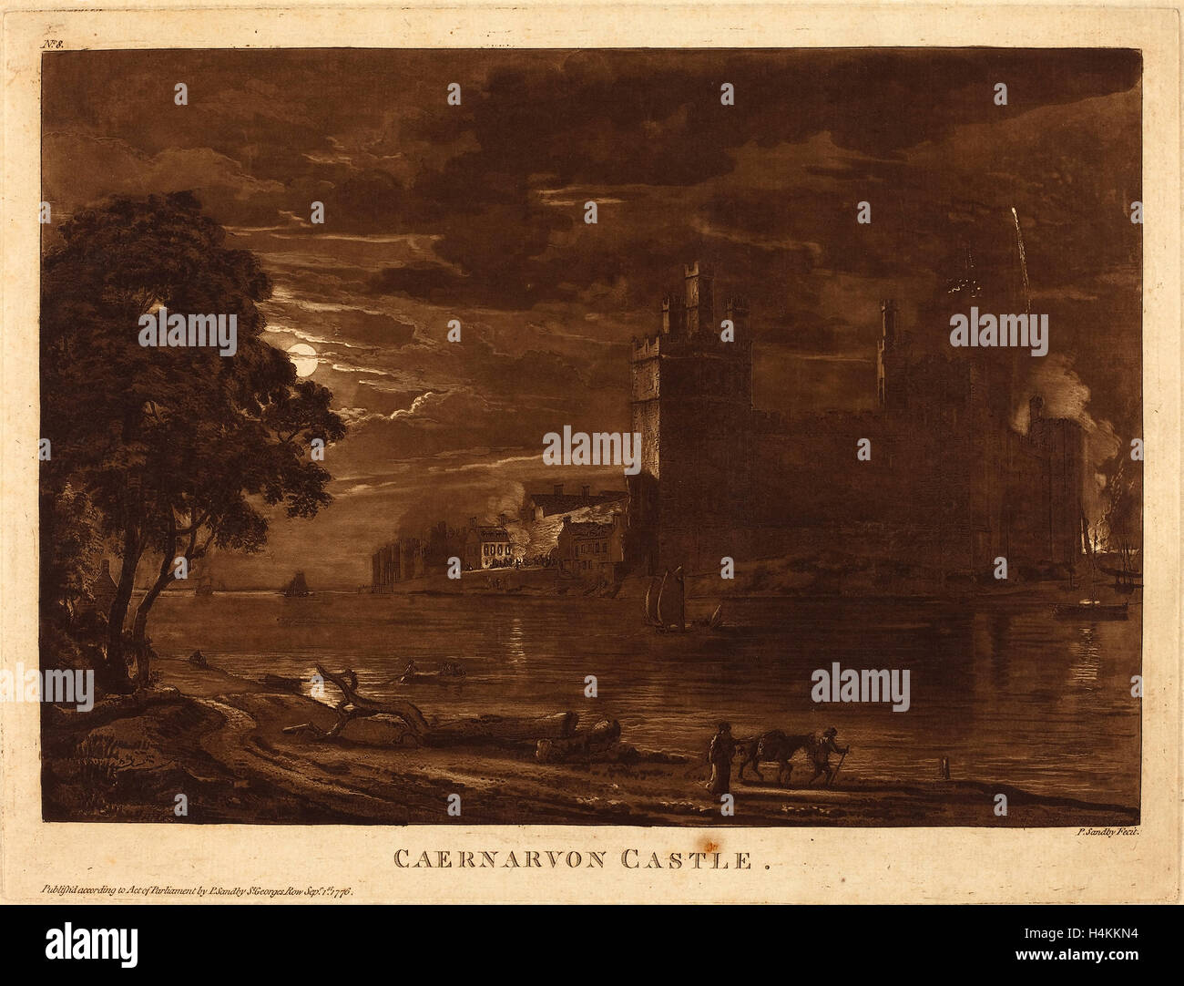 Paul Sandby (Britisch, 1731-1809), Caernarvon Castle, 1776, Radierung und Aquatinta in braun auf Bütten Stockfoto