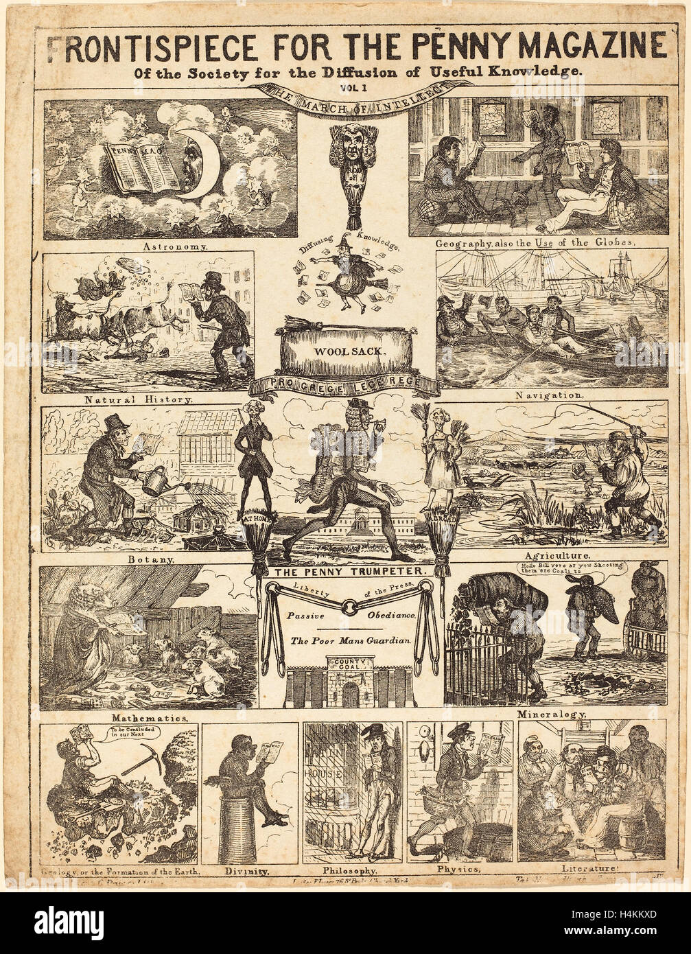 Britische 19. Jahrhundert, Frontispiz für das Penny-Magazine der Gesellschaft für die Verbreitung des Wissens: Vo, 19. Jahrhundert Stockfoto