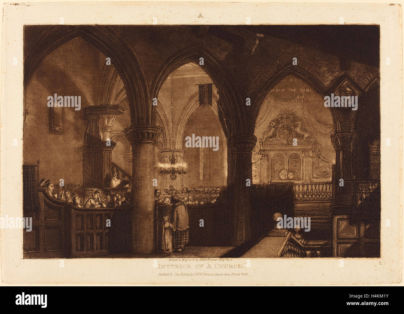 Joseph Mallord William Turner (Britisch, 1775-1851), einen Kirchenraum veröffentlicht 1819, Radierung und Schabkunst Stockfoto