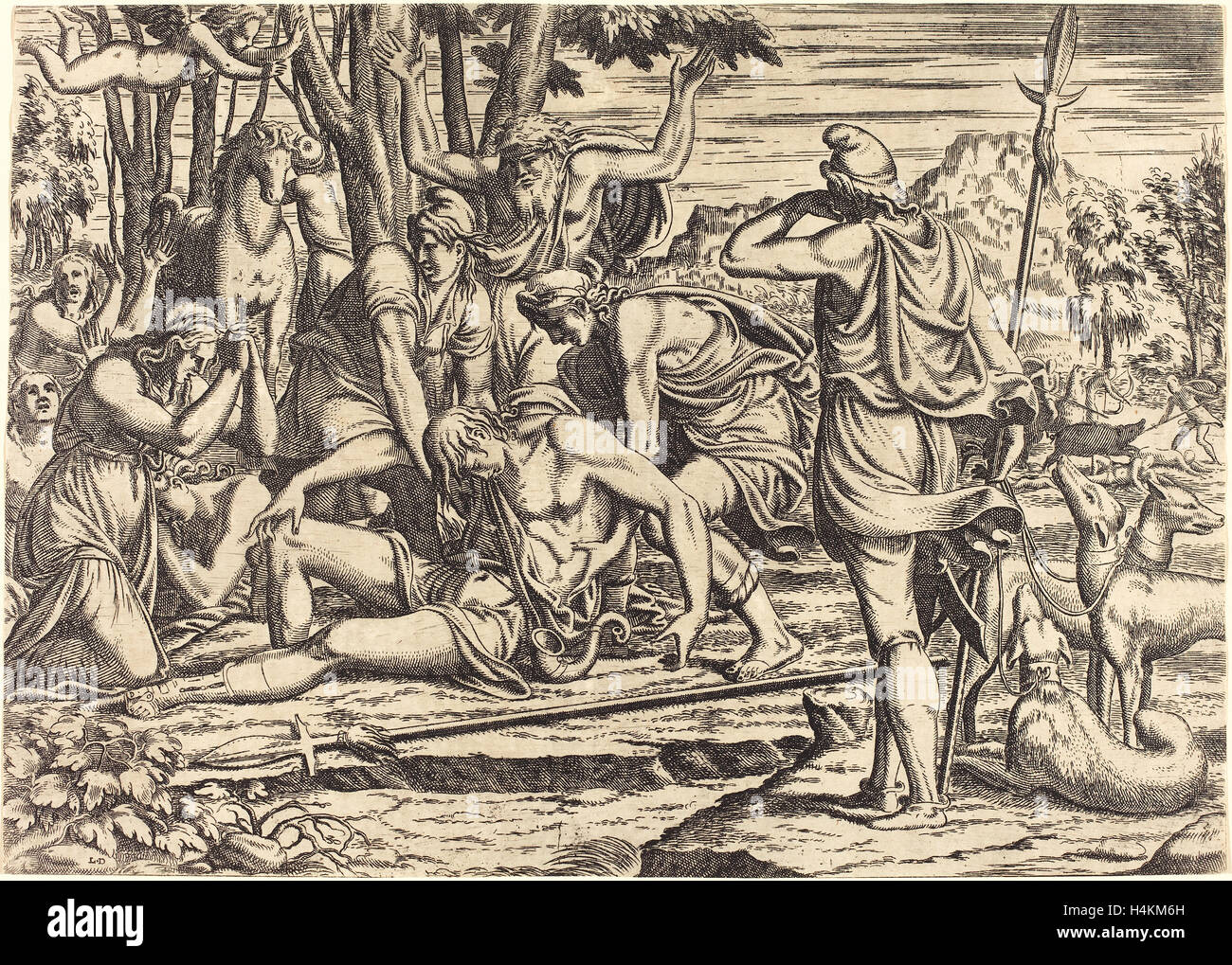 Léon Davent nach Luca Penni (Französisch (?), aktive 1540-1556), der Tod des Adonis, Radierung Stockfoto