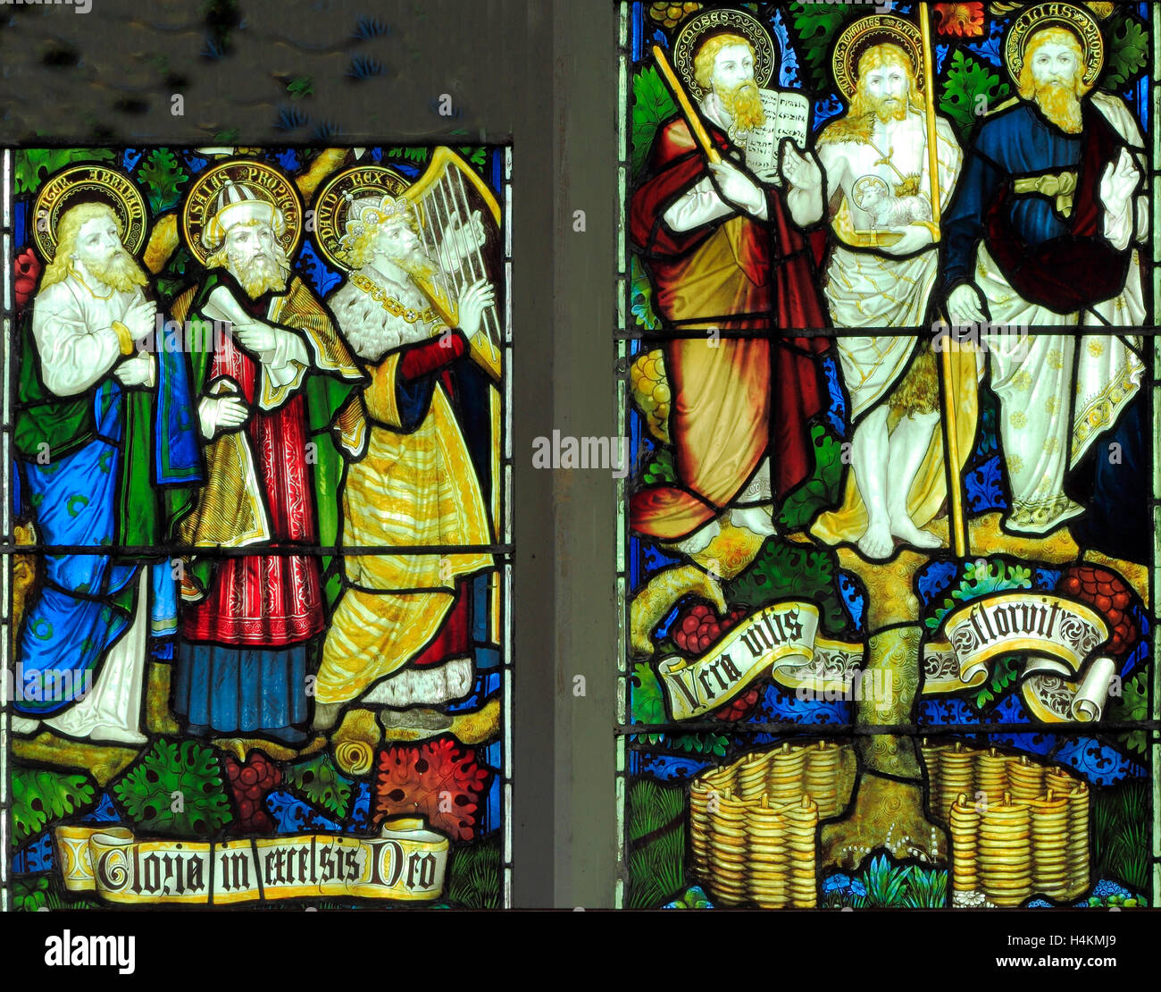 Stanhoe, Norfolk, Glasmalerei Ostfenster von Charles Kempe, 1879, detail, Abraham, Moses, König David, Prophet Jesaja Stockfoto