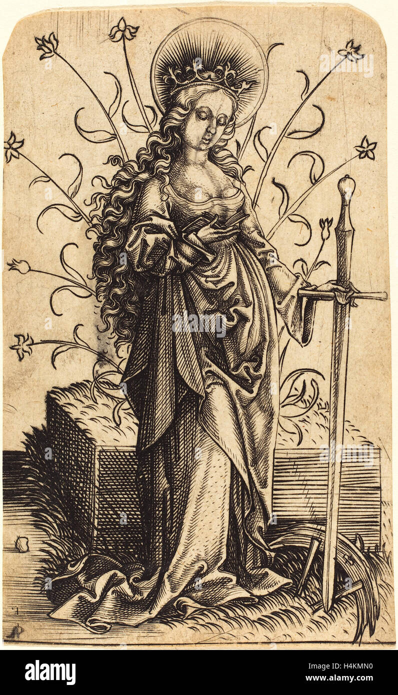 Master-PW von Köln (Deutsch, aktive ca. 1490-1510), Saint Catherine, um 1500, Gravur auf Bütten Stockfoto