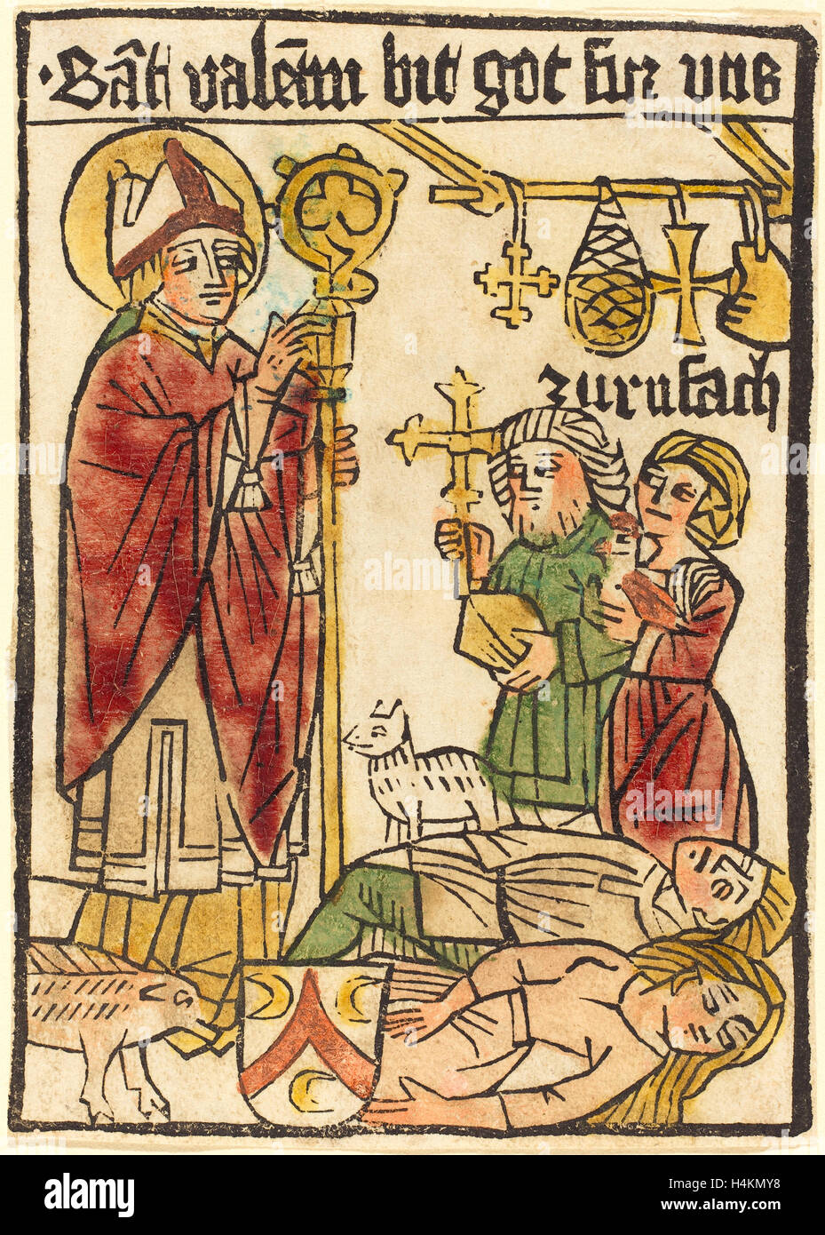 Deutsche 15. Jahrhundert, Sankt Valentin, 1470-1480, Holzschnitt, handkolorierten in roter See, grün, gelb, Rose und tan Stockfoto