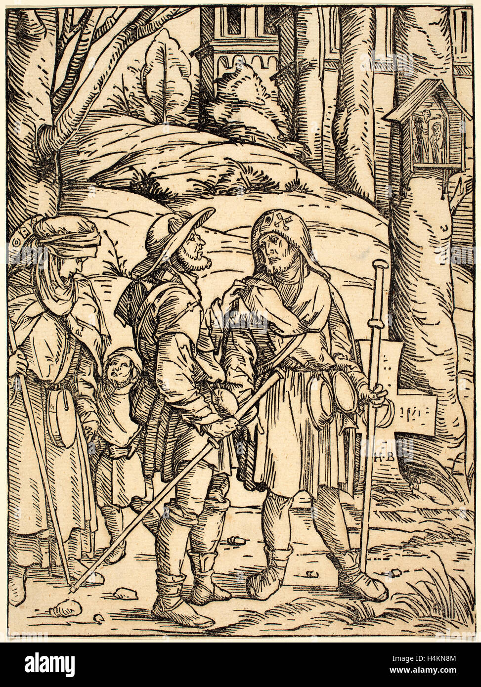 Hans Burgkmair ich (Deutsch, 1473-1531), Pilger an einem Bildstock, 1508, Holzschnitt in schwarz auf Bütten Stockfoto