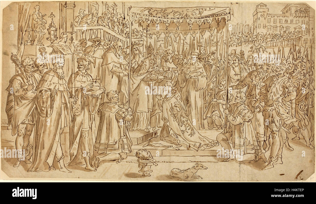 nach Maarten de Vos, Krönung des Kaisers, Feder und braune Tinte über Graphit und Hauch von schwarzer Kreide auf Bütten Stockfoto