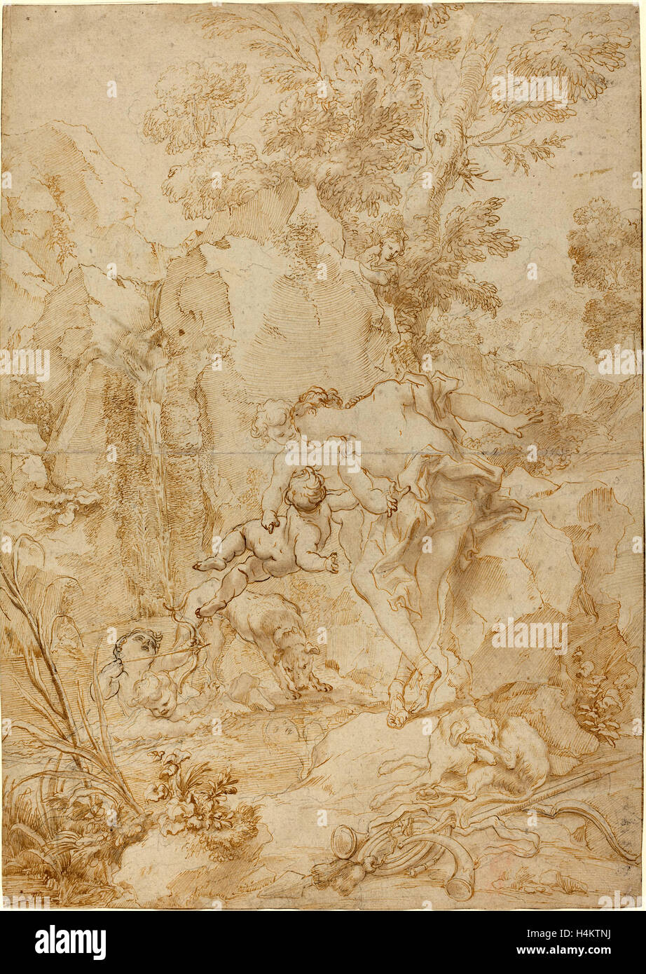 Gregorio de Ferrari, italienische (1644-1726), Echo und Narziss, Stift und Bister braun waschen über schwarze Kreide Stockfoto