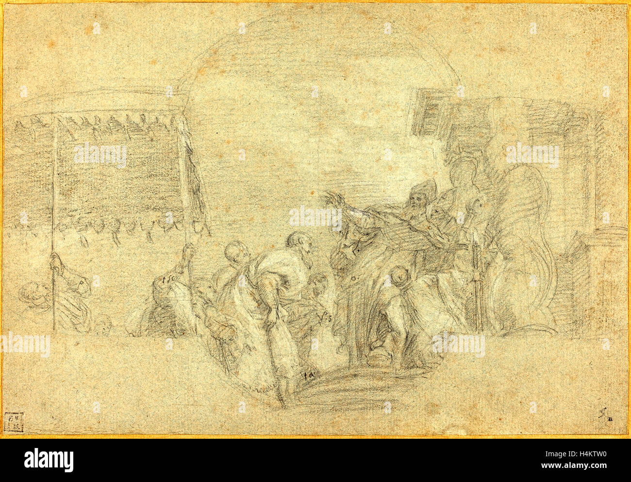 Sebastiano Conca, Italienisch (1680-1764), A Bischof Segen eines Königs, schwarze Kreide, verstärkt mit weiß auf blauem Bütten Stockfoto