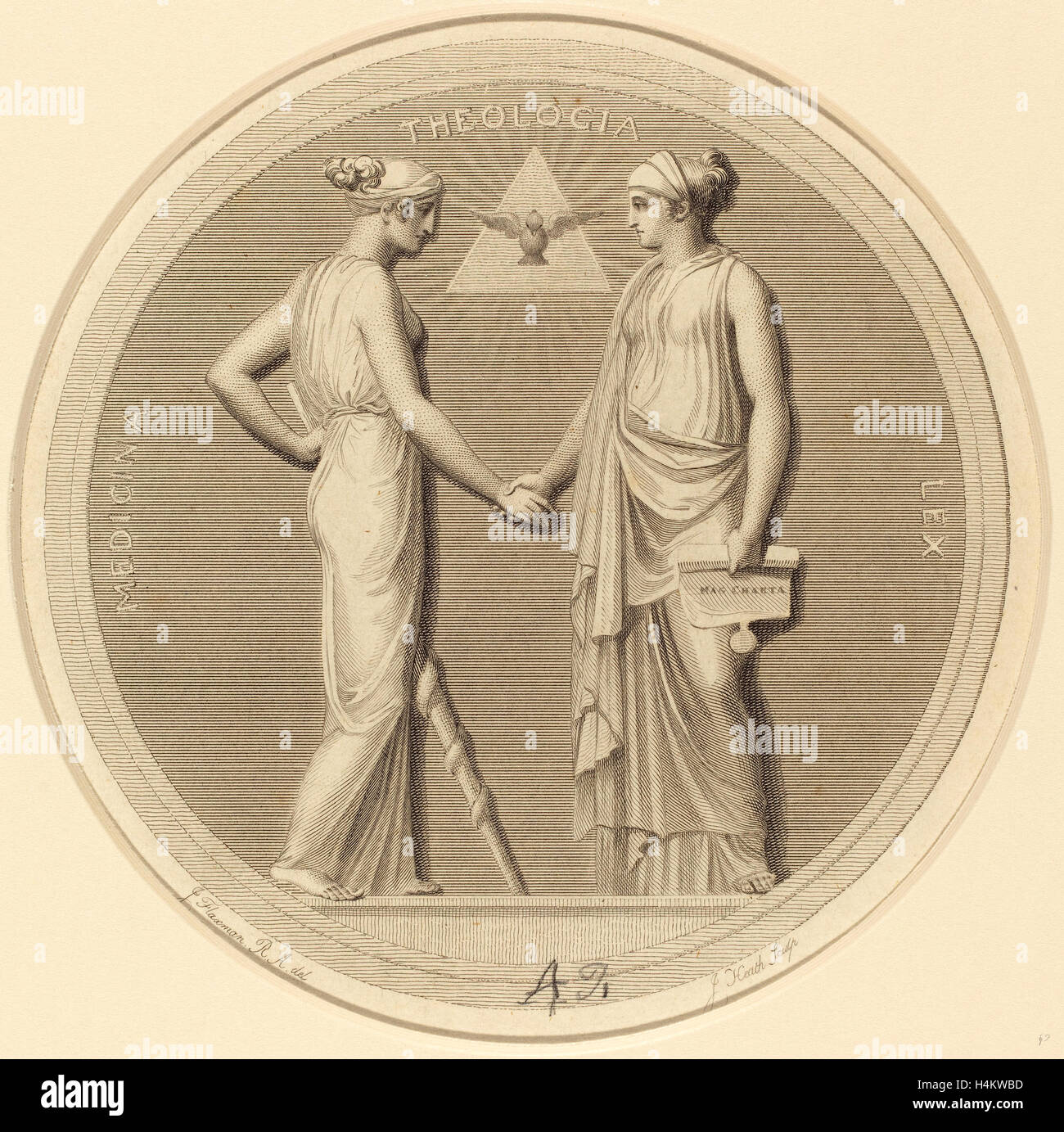 James Heath nach John Flaxman, Brite/Britin (1757-1834), Medicina-Theologia-Lex, Radierung Stockfoto
