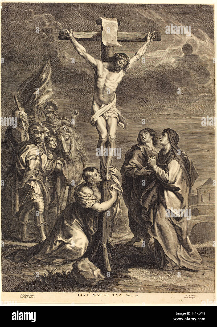 Jacobus Neeffs, Flämisch (1610-1660 oder danach), Christus am Kreuz, Gravur auf Bütten Stockfoto