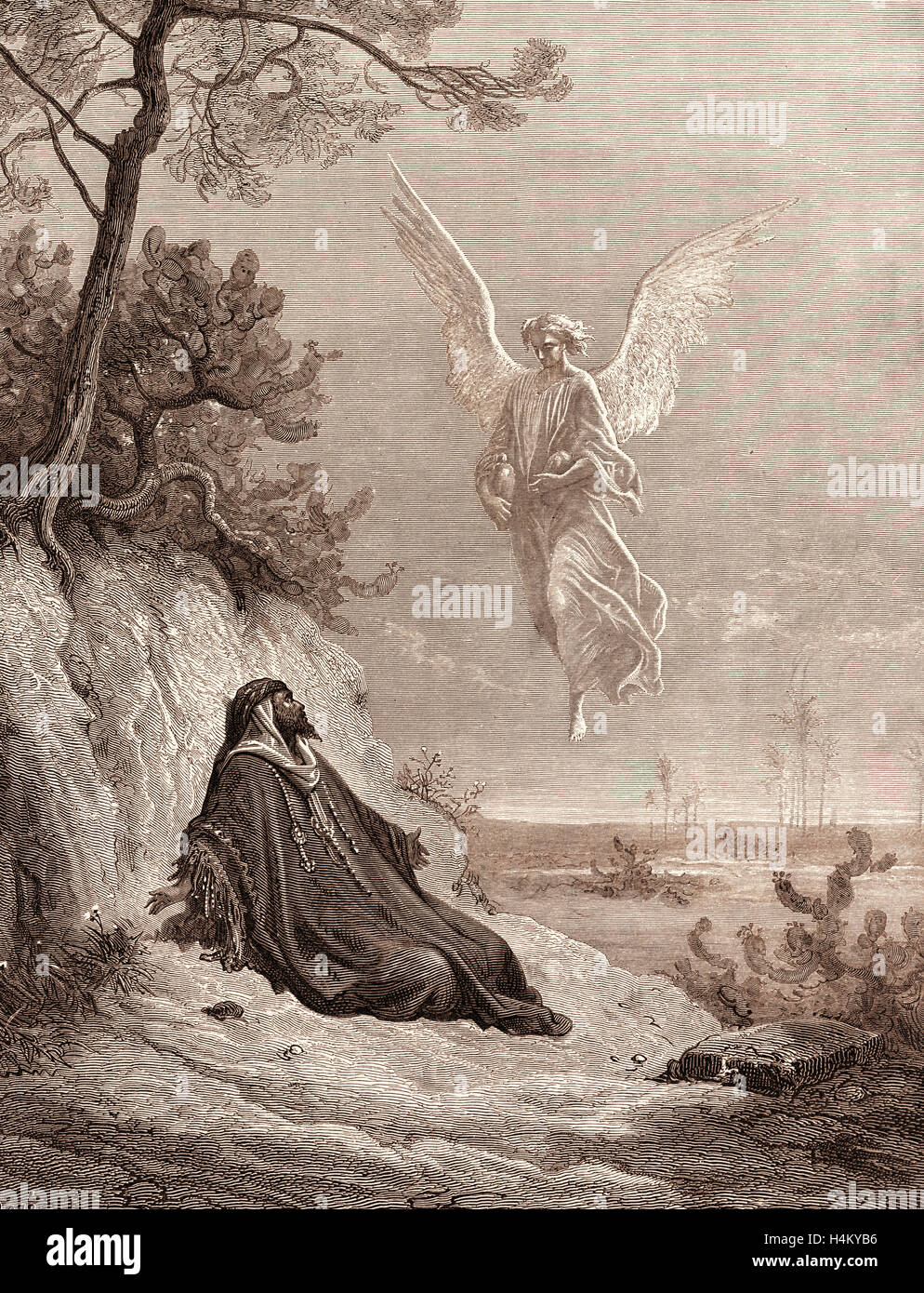 Elijah genährt durch einen Engel von Gustave Doré, 1832-1883, Französisch. (1 Könige 19:1-21) Gravur für die Bibel. 1870, Kunst Stockfoto