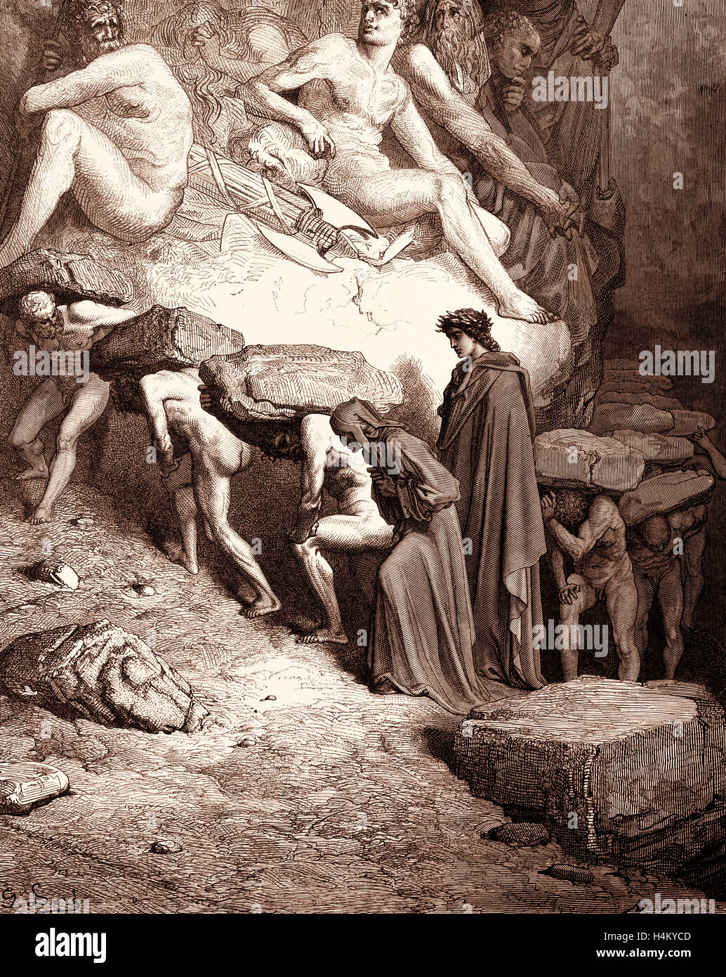 Die Belastung des Stolzes, von Gustave Dore, 1832-1883, Französisch. Gravur für die Purgatorio oder Fegefeuer von Dante Alighieri. 1870 Stockfoto