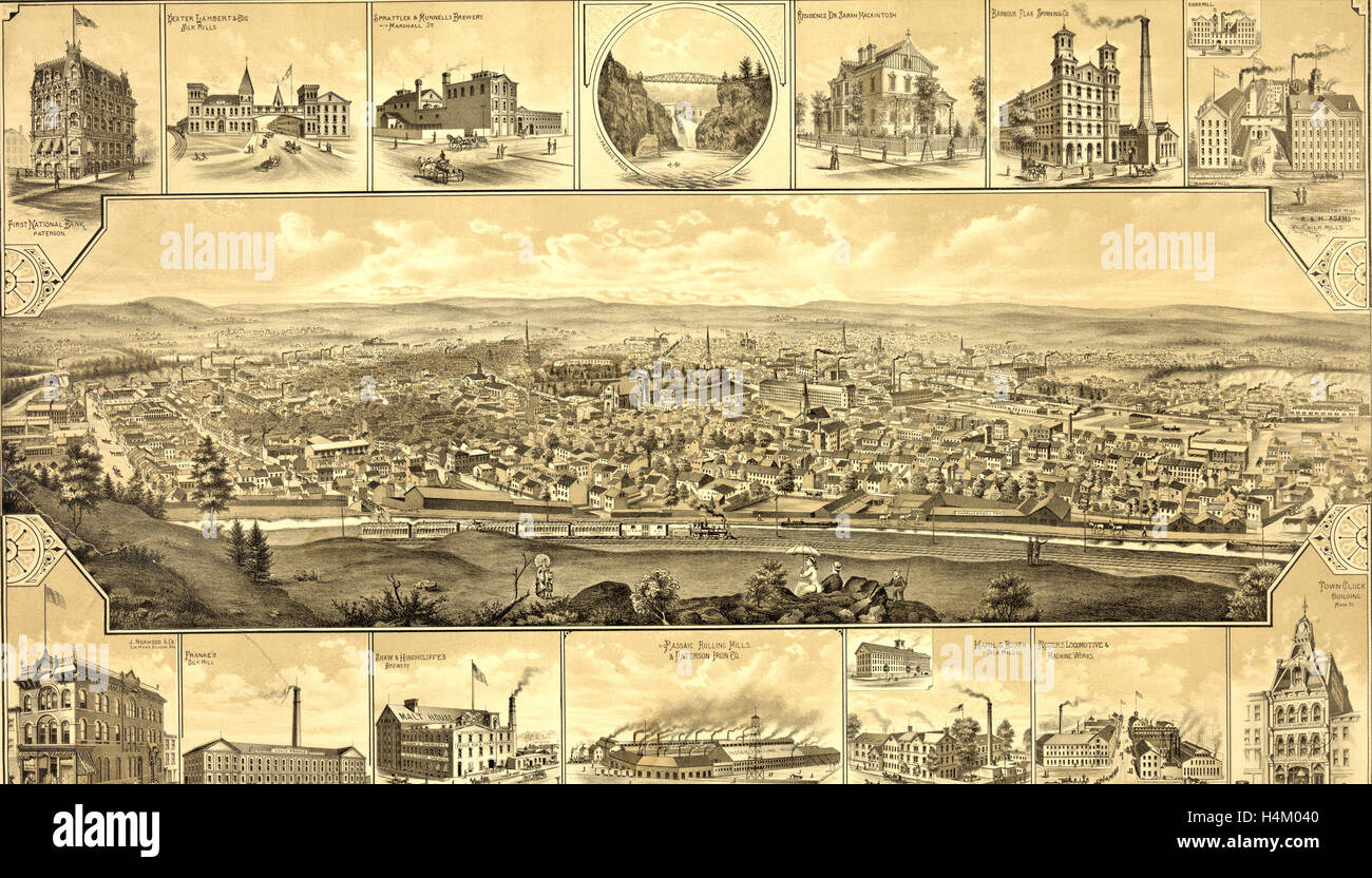 Vogelperspektive von Paterson, New Jersey mit Eisenbahn im Vordergrund; Vignetten von markanten Gebäuden Stockfoto