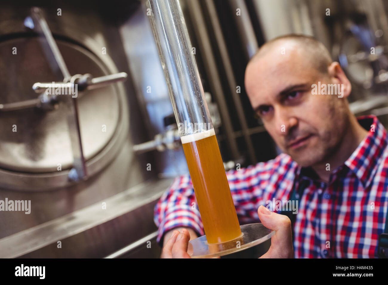 Eigentümer, die Bier in Glasröhre Inspektion Stockfoto