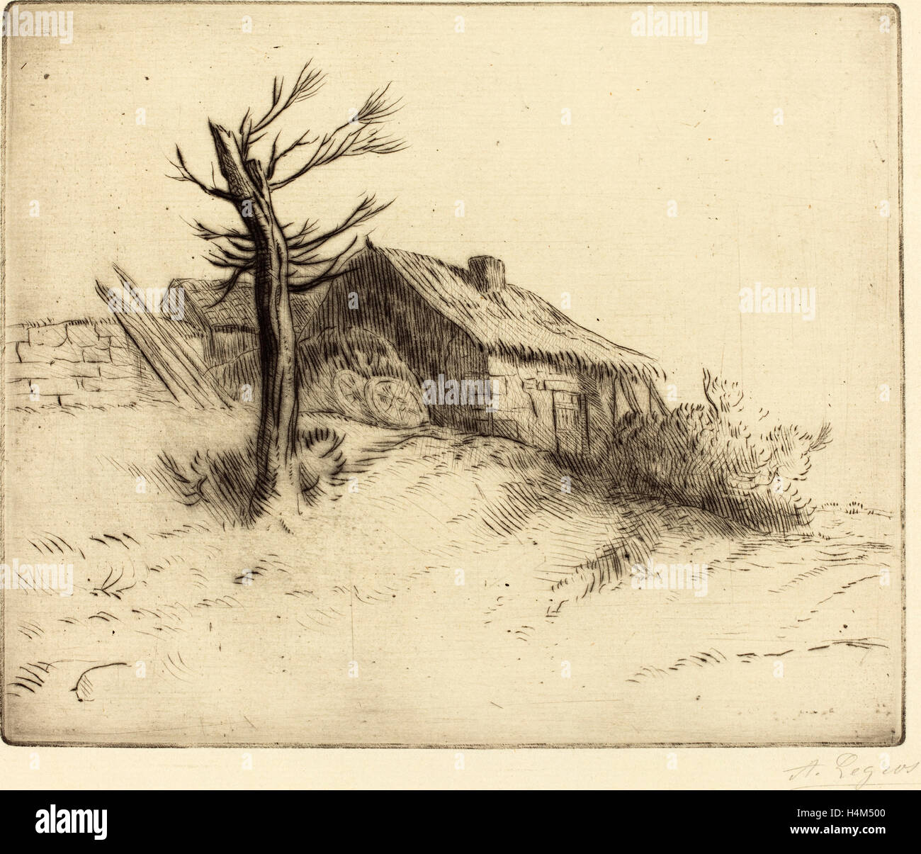 Alphonse Legros, Thatched Cottage (Chaumiere), Französisch, 1837-1911, Radierung und Kaltnadelradierung Stockfoto