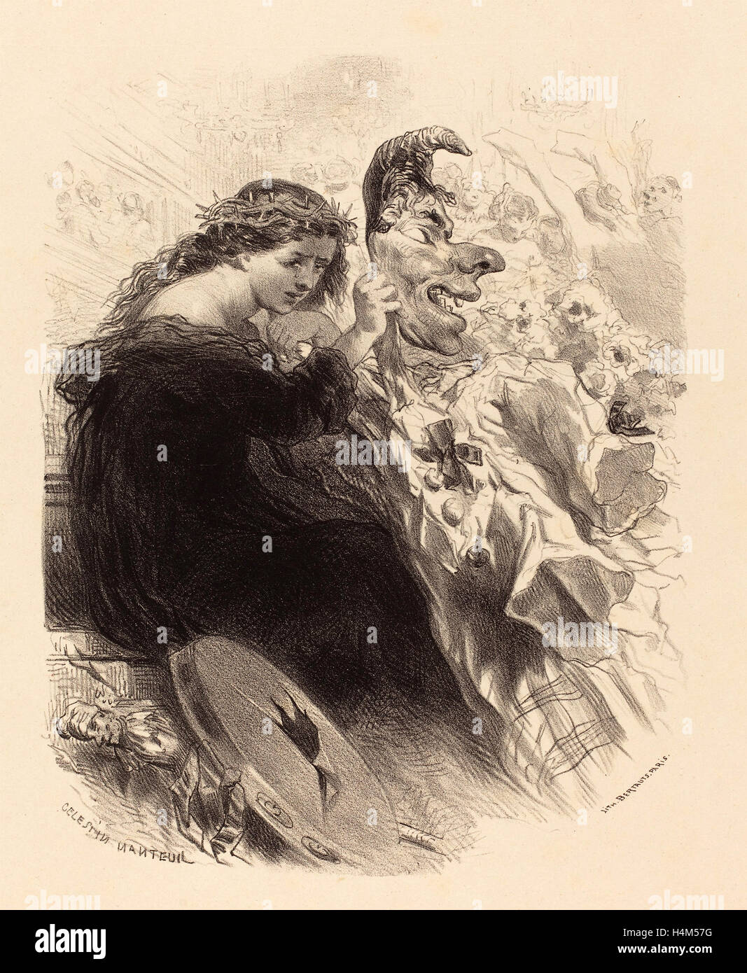 Célestin Nanteuil (Französisch, 1813-1873), die Frau hinter der Maske, 1830er Jahre Lithographie auf Buff Chine collé Stockfoto