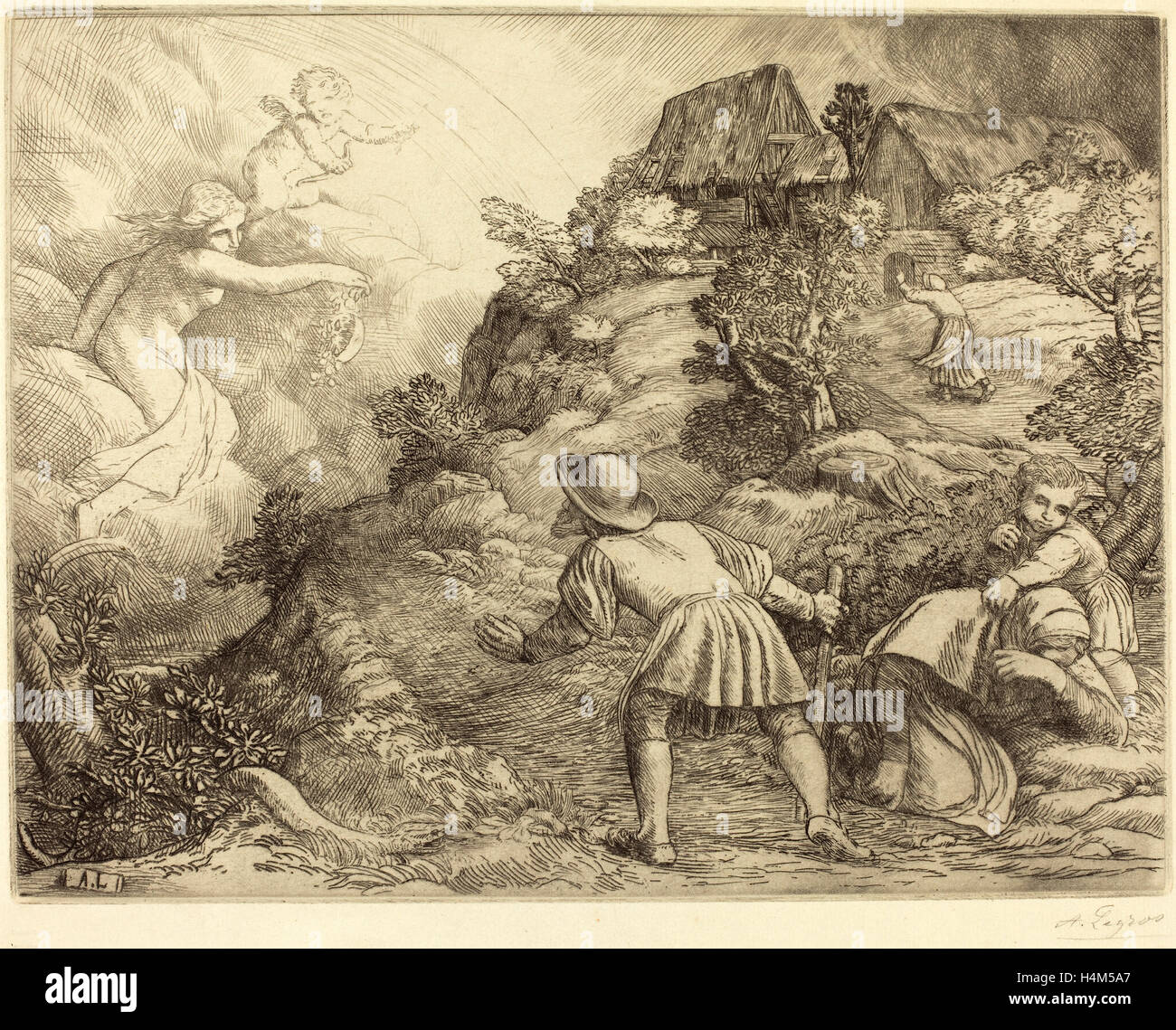 Alphonse Legros, Allegorie der Bauern und Fortune (Le Paysan et la Fortune: Sujet Allegorique, Französisch, 1837-1911, Radierung Stockfoto