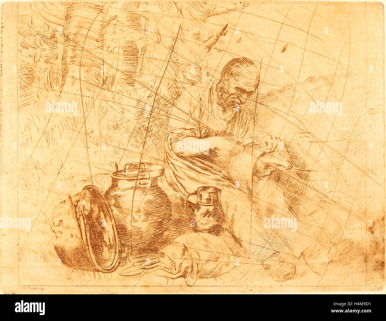 Felix Régamey nach Alphonse Legros, The Tinker (Le Retameur), Französisch, 1844-1907, Radierung in braun [Stornierung Beweis] Stockfoto