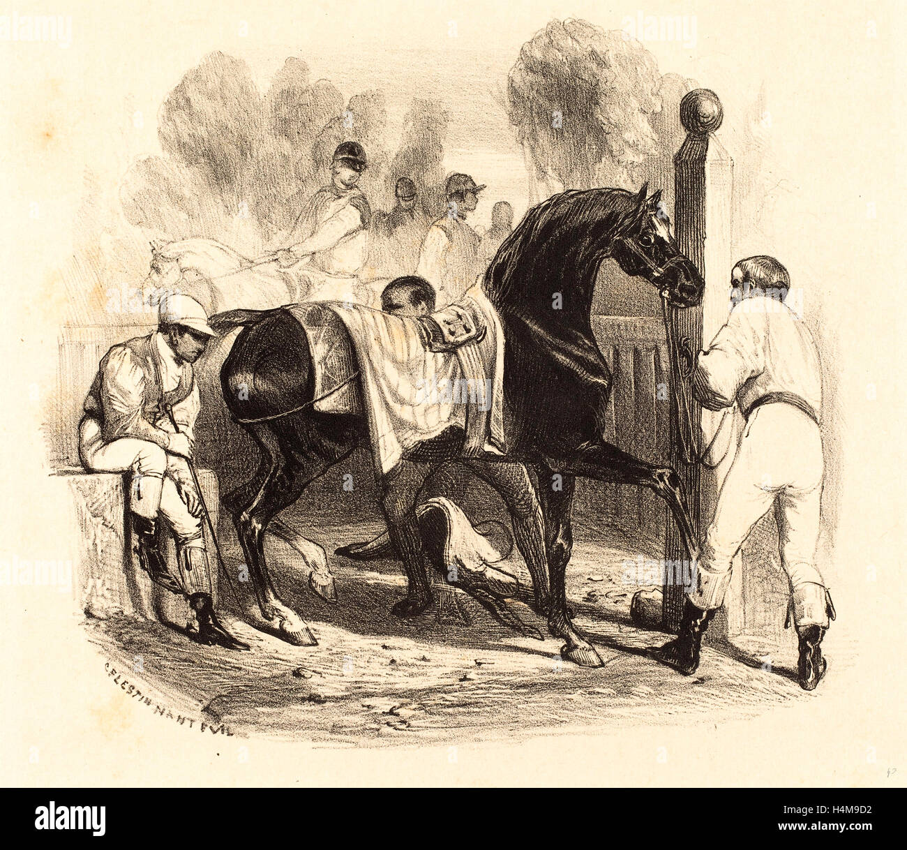 Célestin Nanteuil, Französisch (1813-1873), Pferd vor dem Rennen, Lithographie Stockfoto