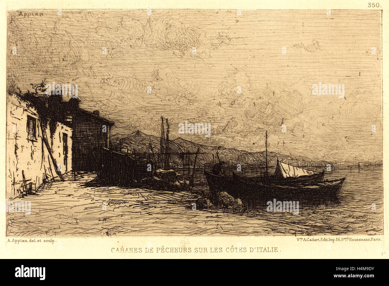 Adolphe Appian, Französisch (1818-1898), Cabanes de Pecheurs Sur Les Côtes d ' Italie, Radierung Stockfoto