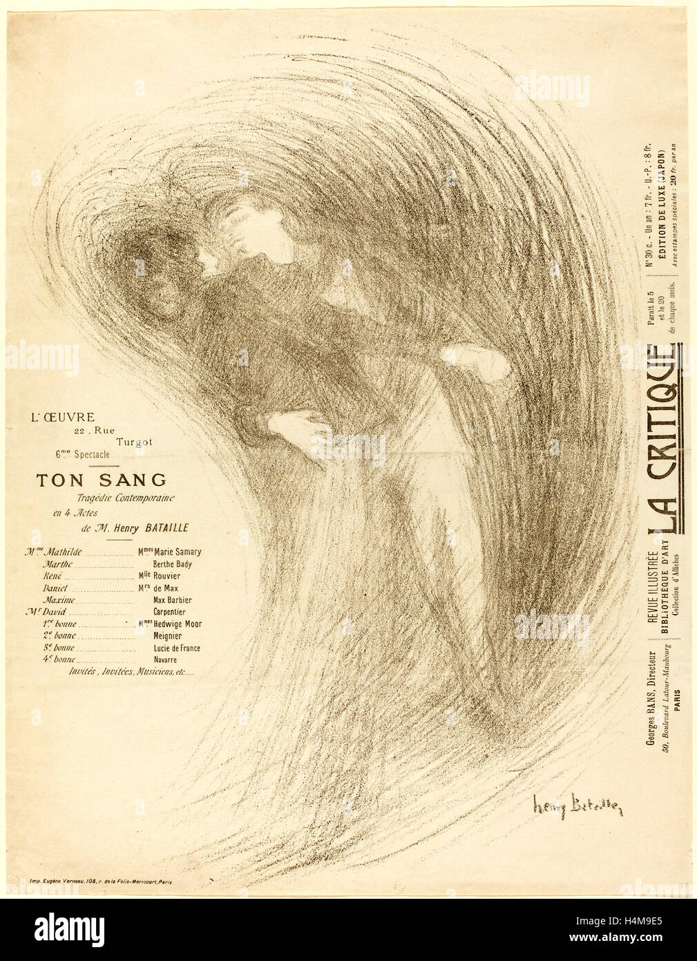 Henri Bataille, Französisch (1872 – 1922), Tonne Sang, c. 1895, Lithographie in grau auf einfaches Papier Stockfoto
