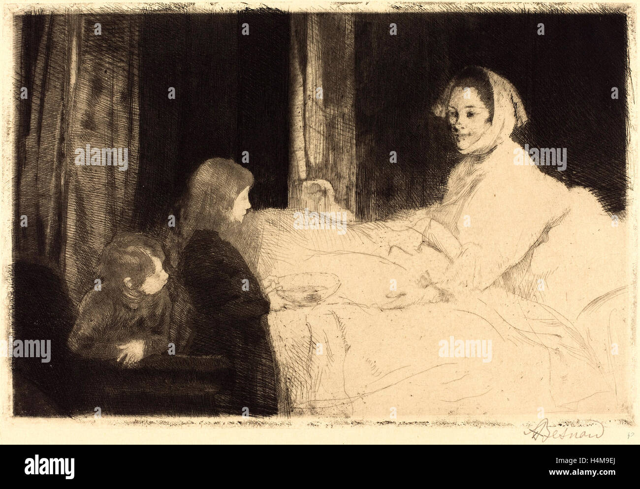 Albert Besnard, Französisch (1849-1934), die kranke Mutter (La Mère Malade), 1889, Radierung Stockfoto