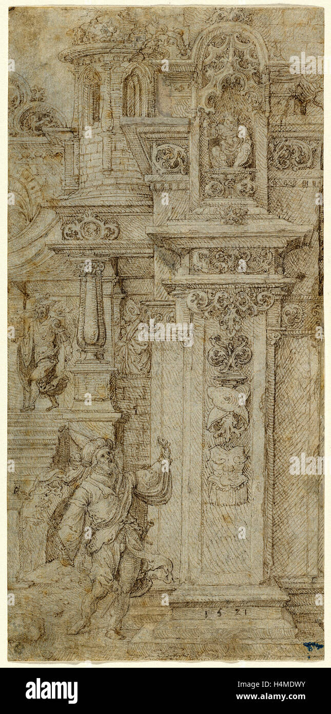 Jan Gossaert (Niederländisch, c. 1478-1532), zwei Könige und eine Frau eine Elaborate Palast, 1503-1508, verließ, Feder und schwarzer Tinte Stockfoto