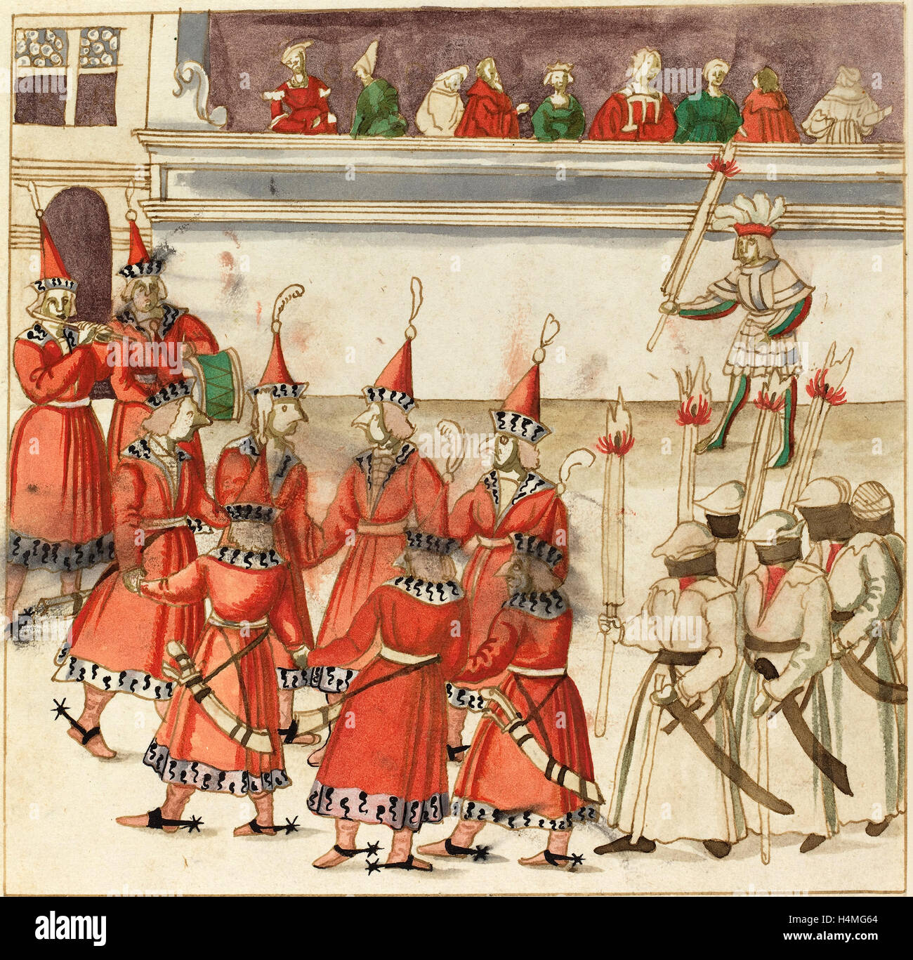 Deutsche 16. Jahrhundert, sieben Männer in rot versammelten sich in einem Kreis, c. 1515, Stift und Bister mit Aquarell auf Bütten Stockfoto